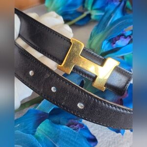 Luxury Hermes Black And Brown Leather Belt with Gold Buckle